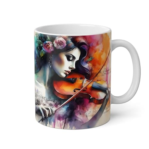Shopi Zone Taza de cerámica mujer tocando violín con flores – Diseño artístico musical y romántico – Regalo creativo para amantes de la música y coleccionistas