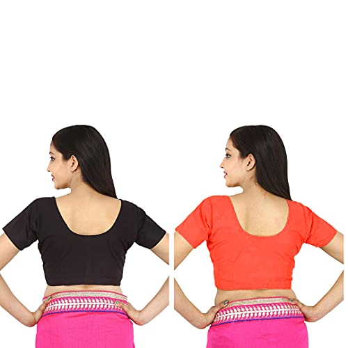 Image of Namita Women's Rubia Cotton Half Sleeve Readymade Blouse (U-COT-COM-2-BLACK-ORANGE-32 Black, Orange 32)