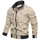 LSSM Winter LäSsig Einfarbig Jacke ReißVerschluss Tasche Stehkragen Jacke Herren DüNne Baumwolle Top Freizeit Mit Revers Bomberjacke Leichte Fliegerjacke Stehkragen Pilotenjacke Beige 3XL
