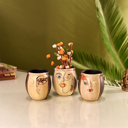 Image of Aakriti Art Creations Pizo Pots Hand Painted Set of 3 | Multicolor Terracotta Flower Vases | Matte Finish Modern Art Decorative Pots for Living Room, Table Decor & Gifting