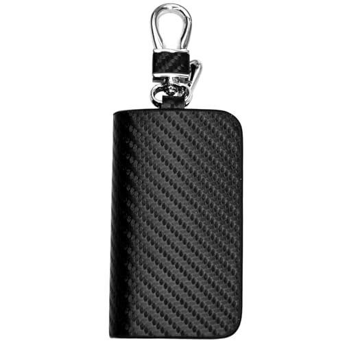 Image of KMH Premium Carbon Fiber Black Finish Car Key Wallet Bag | Wallet for Key Case Shell Pouch Cover Holder, Key Zipper Fob Protector | Smart Remote Keychain Holder with Metal Hook Keyring - Pack of 1