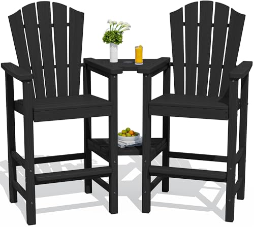 KINGYES Tall Adirondack Chair Set of 2 with Double Connecting Trays Outdoor HDPE Adirondack Barstools High Airondack Chair with Wood Grain Embossed Balcony Chair for Backyard Black