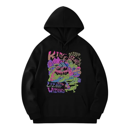 NEKO MENA King Gizzard and The Lizard Wizard Graphic Hoodie Black Heavyweight Cotton Casual Pullover with Kangaroo Pocket (Large)