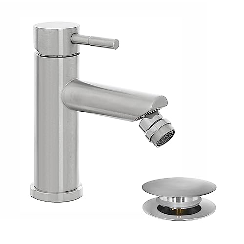 Miscelatore Per Bidet Bagno Monocomando, In Acciaio Inox Spazzolato, Con Piletta Click Clack Satinata, York