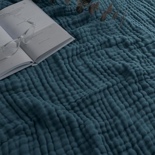 Image of Comfy Cubs Muslin Throw Blanket - 50 inch x 60 inch Quilted Design - Lightweight, Breathable 6-Layer Gauze Fabric - Soft Cotton Blanket for Home or Travel - Packaged in Elegant Gift Box - Neptune