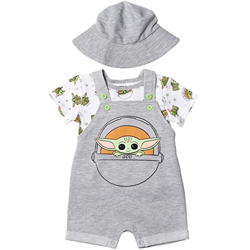 Star Wars The Mandalorian The Child Newborn Baby Boys Short Overalls Graphic T-Shirt And Hat 3 Piece Outfit Set Light Gray 0-3 Months #TOP1