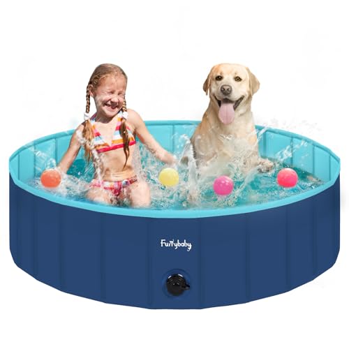furrybaby Dog Paddling Pool for Dogs, Foldable Dog Pool for large dogs, Puppy Pool for Gardens with PVC, Non-Slip Base & Drain Plug, Navy Blue, 120 x 30 cm