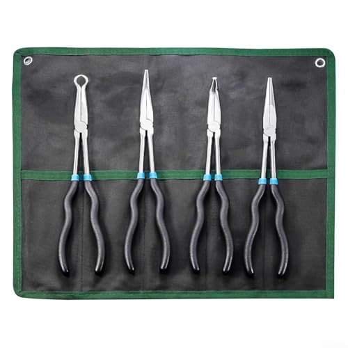 Alicates de punta larga con mango de goma antideslizante, alicates de punta de aguja curvada para trabajos eléctricos, puntas dobladas de 45° y 90°, herramienta manual multiusos (4 piezas)
