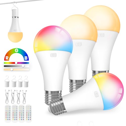 KINDEEP Rechargeable Light Bulbs with Remote, E26 Battery Operated LED Bulb: 2000mAh Dimmable Wireless Backup Light Bulbs with 15 Colors & 3 Timer for Non-Hardwired Lamps Wall Sconce, 4 Pack