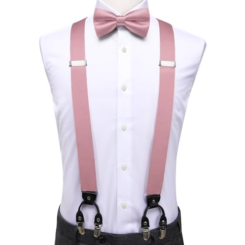 Image of Hi-Tie Men Suspender Bowtie Set Suspenders Pre-tied Bow Tie Pocket Square Cufflinks Adjustable Y Shape 6 Clips Braces Tuxedo