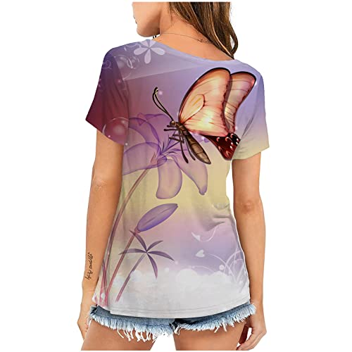 Summer Women Butterfly T-Shirts Casual Short Sleeve Raglan Tunic Tops Funny Oversized Graphic Tees Crew Neck Blouse #TOP2