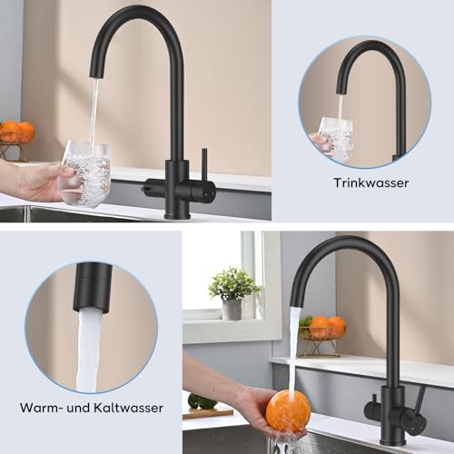 3 Wege Küchenarmatur Schwarz, DETBOM Wasserhahn Küche, Mischbatterie, 360° Drehbarkeit, Drei Wege Mischbatterie für Wasserfilter, Doppelhebel, 3 in 1 Spültischarmatur, Edelstahl Mattschwarz