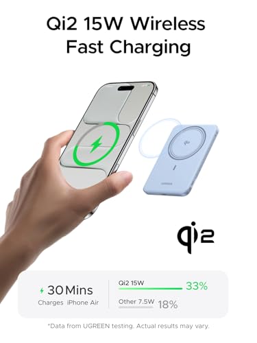 Image of UGREEN Magflow Air QI2 Power Bank, 8.6mm Ultra-Slim 5000mAh Magnetic Battery, 20W PD Fast Charging Portable Charger, MagSafe-Compatible External Battery for iPhone 17 /16 /15 /14 Series, Blue