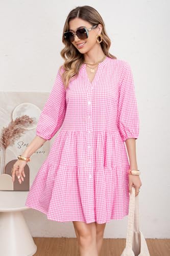 Image of utcoco Women's 2026 Spring Summer Plaid Shirt Dress 3 /4 Puff Sleeve Button Down Loose Casual Midi Dress with Pockets