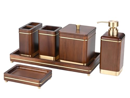 MIHIRO 6 Piece Solid Acacia Wood Bathroom Accessory Set with Tray...