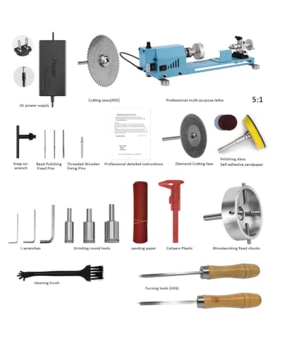 Image of Mini Wood Lathe Machine Infinite Speed Control Multi-Purpose Type For Desktop Supports Wood Sawing, Polishing, Grinding The Professional Set Of Accessories Comes With Instructions For Easy Use