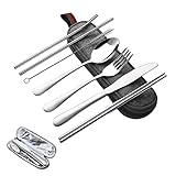 ◆Juego de cubiertos de viaje de 8 piezas: incluye 1 cuchillo para la cena, 1 tenedor para la cena, 1 cuchara para la cena, 1 palillos, 1 popote recto, 1 popote doblado, 1 cepillo de limpieza, 1 estuche portátil. Con el práctico estuche para guardar tus cubiertos, podrás llevarlos a todas partes.