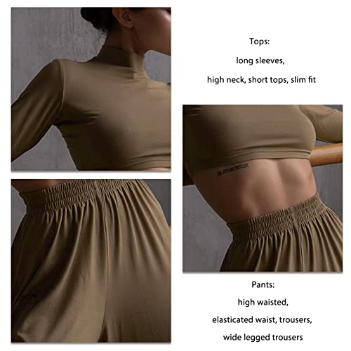 Conjunto de 2 peças de camisa de manga comprida cropped calça de perna larga conjunto de calças femi