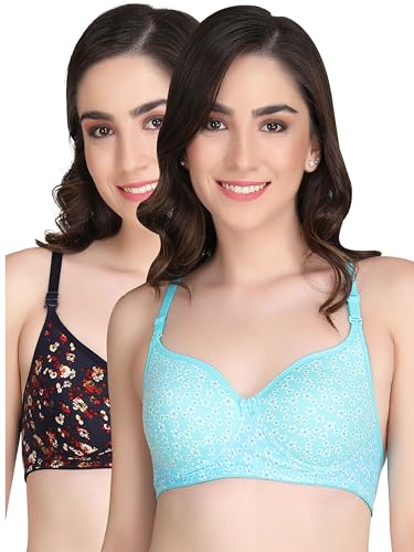 Image of Flower Print Bra for Women - Made of Pure Cotton Full Coverage Non Wired Pushup Soft Cup for T-Shirt Saree Dress Sports Garment for Daily Use Everyday