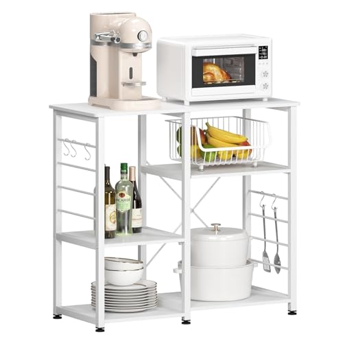 sogesfurniture Estantería de cocina, estante para microondas, armario de cocina, nivel de apoyo de cocina, estante abierto de pie con ganchos, 90 x 40 x 83 cm, estructura metálica, blanco