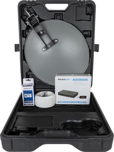 Megasat Maletín de Camping HD – Sistema Satélite Móvil (Incl. Antena parabólica, 10 m de Cable coaxial, LNB Individual, Receptor HD, Ventosa, Soporte para mástil)