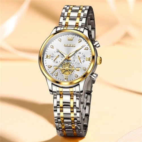 Image of OLEVS Women Watch Multifunctional Two Tone Watch Fashion Business Analog Quartz Ladies Watch Stainless Steel Waterproof Diamond Watch for Women