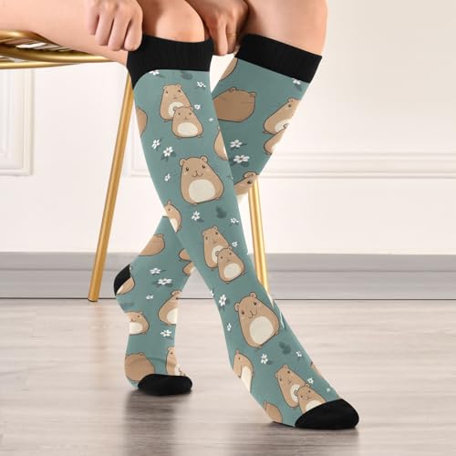 Image of Pigsaly Womens Compression Socks Yellow Stars Funny Brown Capybara Knee High Socks Athletic Tube Sock Outdoor Sport Socks