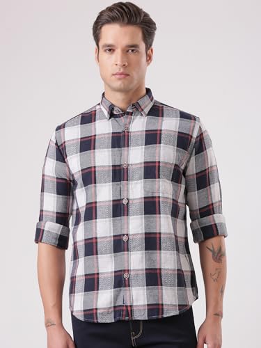 Image of TURMS Men's Casual Checks Shirts, Odor Control, Moisture Wicking, Button Down Collar, Cool Tech Cotton Fabric, Tailored Fit, Full Sleeve