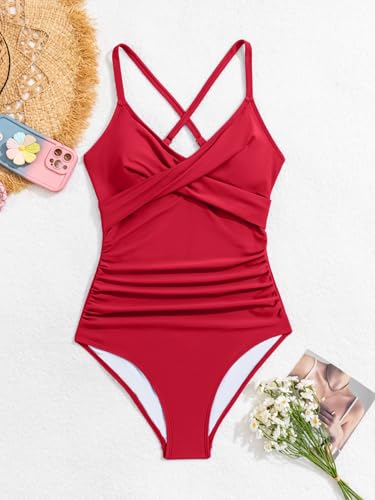 Image of B2prity Women's One Piece Swimsuit Tummy Control Front Cross Bathing Suit | Slimming Ruched ,Tie Back,Wrap Front,Adjustable Straps,Soft Removable Cups for beach, pool and vacation wear