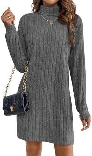 Zeagoo Strickkleid Damen Langarm Kleider Rollkragen Gerippt Herbstkleid | Rippstrick Winterkleid Casual Pulloverkleid Einfarbig Freizeitkleider S-XXL
