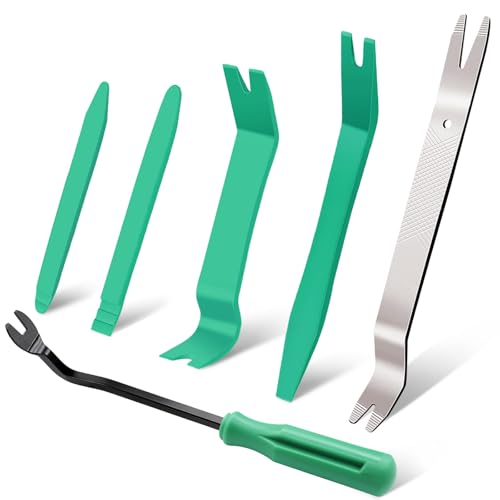 Etre Jeune 5 PCS Nylon Car Pry Tools, Plastic Auto Trim Removal Tool Kit 1 Pc Metal Pry Bar Tool, Car Door Panel Clip Revmoal Tool, Green