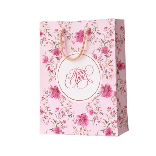 Premium Paper bags for gifting, thank you - (Pack of 10) Ideal for return gift, wedding, haldi, baby shower, anniversary, birthday, pooja, ceremonies - Medium size (Baby pink colour - Floral design) (8x4x10 inch)