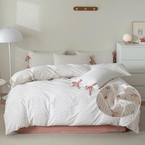 VM VOUGEMARKET Rose Flower Duvet Cover Queen Stripes Bedding Set 100% Cotton Vintage Country Style Girls Comforter Cover with 2 Bow Tie Pillowcases,Off-White/Cream