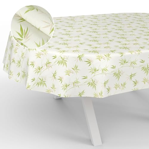 Nappe en Toile cirée Lavable, pour Table de Jardin, extérieur et intérieur, Ovale, Bord coupé, Bambou, 180 x 140 cm