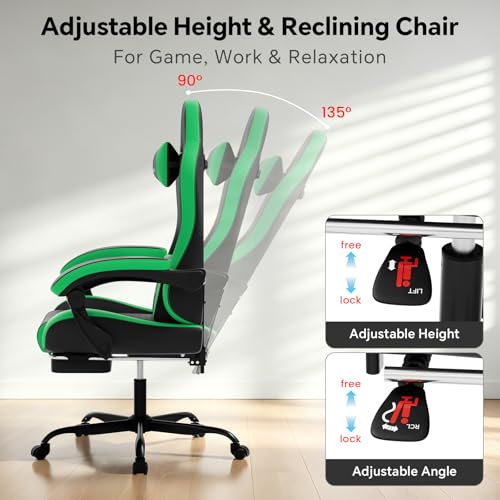 Image of Gaming Chair, Computer Office Chair with Footrest, Adjustable Height & Backrest Gaming Chairs with Swivel for Adults, High Back PU Leather Ergonomic Chair with Lumbar Support, Blackgreen