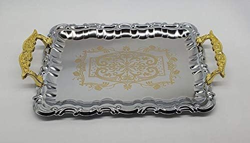 Image of MARTVIA Luxury Serving Tray Set of 3,Crystal Stainless Steel Tray, with Golden Design and Handle Serving for Party Glass, Home Wedding Decor for Gift Set (MV-15)