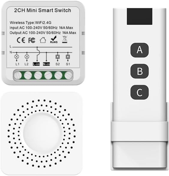 Mini Smart WiFi Switch, DIY RF & WiFi Tuya App Remote Control, 1/2 Way 16A, Alexa/Google Home Compatible (2 Way)