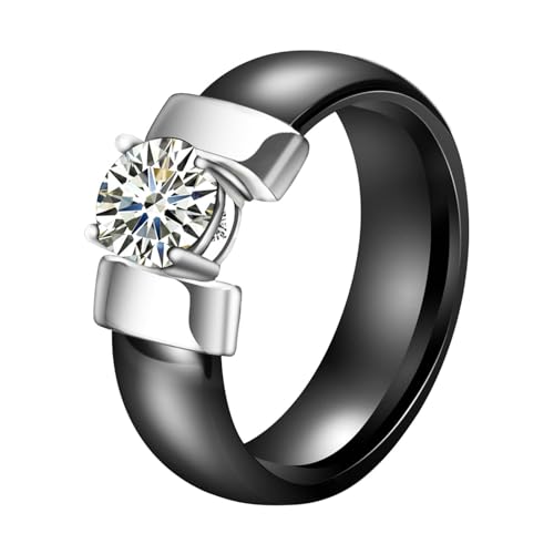 Epinki 6MM Alliance Simple, Bague Homme et Femme Céramique Simple Noir Argent Zirconium Blanc Mode Bague Mariage Taille 52