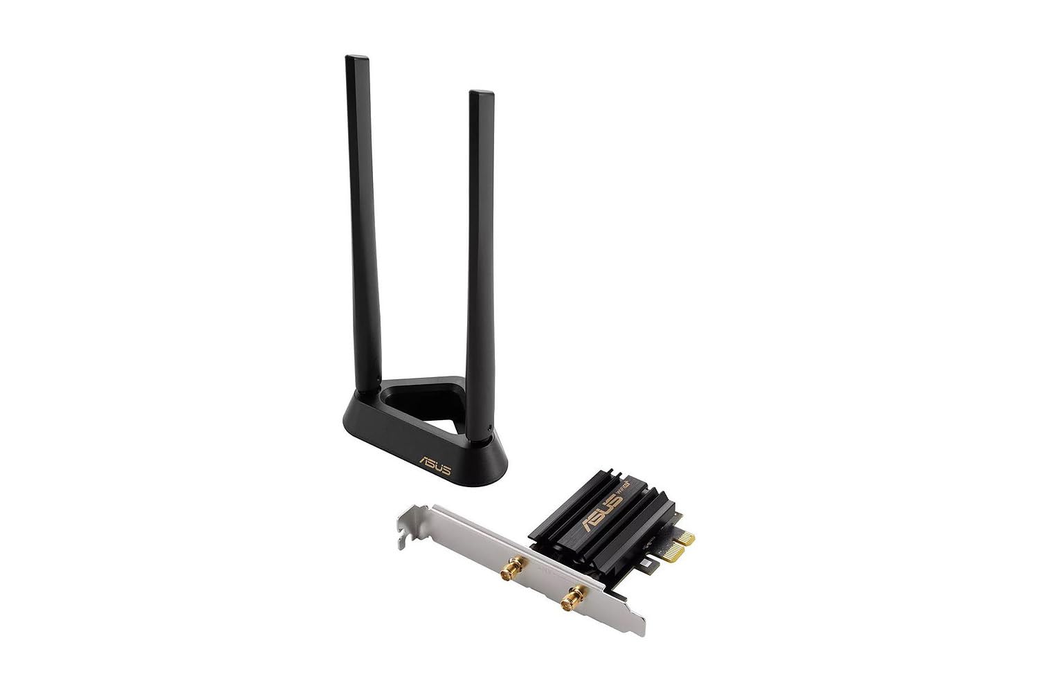 ASUS PCE-AXE59BT WiFi 6E PCI-E Adapter with 2 external antennas, magnetized base, supporting 6GHz band, 160MHz, Bluetooth 5.2, WPA3 network security, OFDMA, MU-MIMO - Black