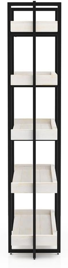 BOWERY HILL Contemporary Wood 5-Tier Bookcase, Antique White and Gun Metal Finish, MDF and Pine Veneer, 40.5" W x 15.38" D x 72" H, Open Back Design, Raised Edges, Room Divider Storage