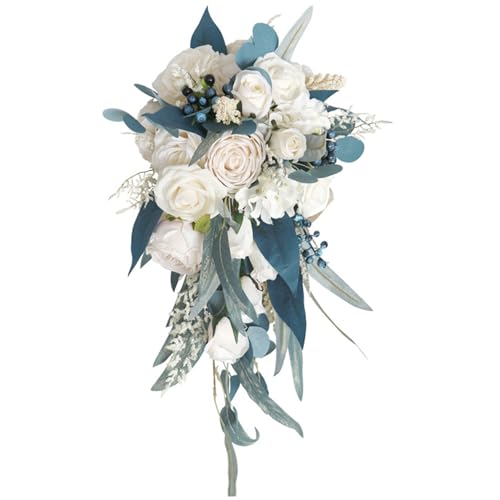 Bouquet de Mariage en Cascade pour la Mariée - Rose Artificielle Blanc et Bleu - Pièce Maîtresse de Mariage, 10,2x19,7 Pouces