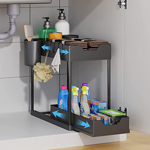 YOUXIU 2 Etagen Unter Waschbecken Regal Gewürzregal Ausziehbar mit 2 Korb Küchen Organizer Spülschrank Organizer Schwarz mit 4 Haken und 1 Tassen Unterschrankregal für Arbeitsplatte