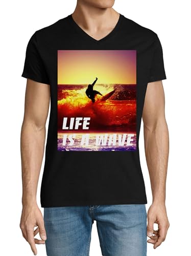 T-shirt surfer homme noir col en V en coton pour revivre vos vacances
