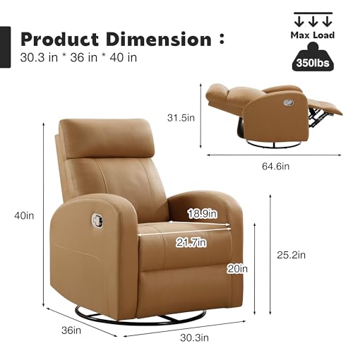 HOMYKA Swivel Rocker Recliner Chair, Manual Leather Recliner, Glider Rocking Recliner Chair 360°Swivel Nursery Reclining Chair with Adjustable Headrest/Highback for Living Room, Brown