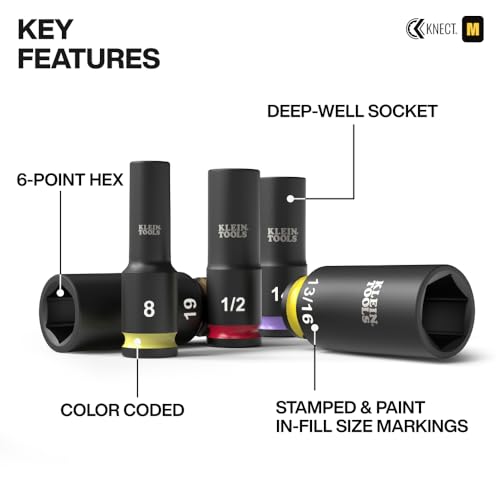 Image of Klein Tools 65121IMPCT KNECT Deep-Well 3 /8-Inch Drive Impact Socket Set, SAE and Metric, 23-Piece Tool Set, Impact Driver Adapter, Multi-Purpose Wrench Adapter, Color-Coded, MODbox Socket Organizer