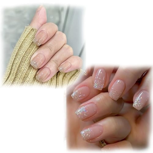 2 Sets 48 Pieces Short Press On Nails, Press On Nails Kit with Glitter Design, Fake Nails for Women, Artificial Nails Extensions, Party Wedding Special Occasions