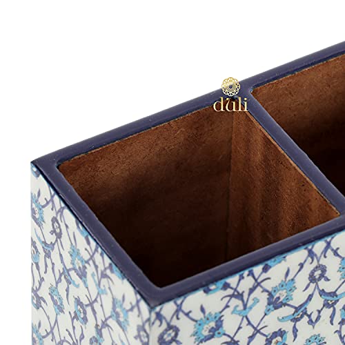 Image of DULI Multipurpose Stand, Cutlery Holder, Spoon Stand, Table Organizer with 2 Sections, Chammach Stand (10cm x 15cm) (BlueMoroccan) Engineered Wood,Utensils