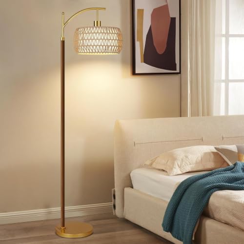 Image of ZECOXOL Wood Floor Lamps for Living Room Arc Boho Floor Lamp with Remote Control & 3 Color Temperatures,Vintage Wicker Rattan Standing Lamp Dimmable Tall Floor Lamp for Bedroom Living Room Corner