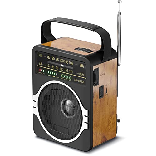 JEUJUG Portable AM FM Radio, Bluetooth 5.0 Radios 5 Watts Loud Speaker,FM Radio Built-in Rechargeable Battery/DC D*4 Cell Battery Operated & AC Power Plug in Wall Retro by JEUJUG - Used condition - US$24.09