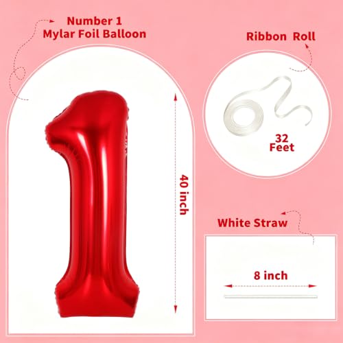 Image of Number Balloons Red Party Balloon - 40 Inch Large Number 1 Balloon, Numbers Balloon Birthday Decorations, Red Party Supplies for Anniversary